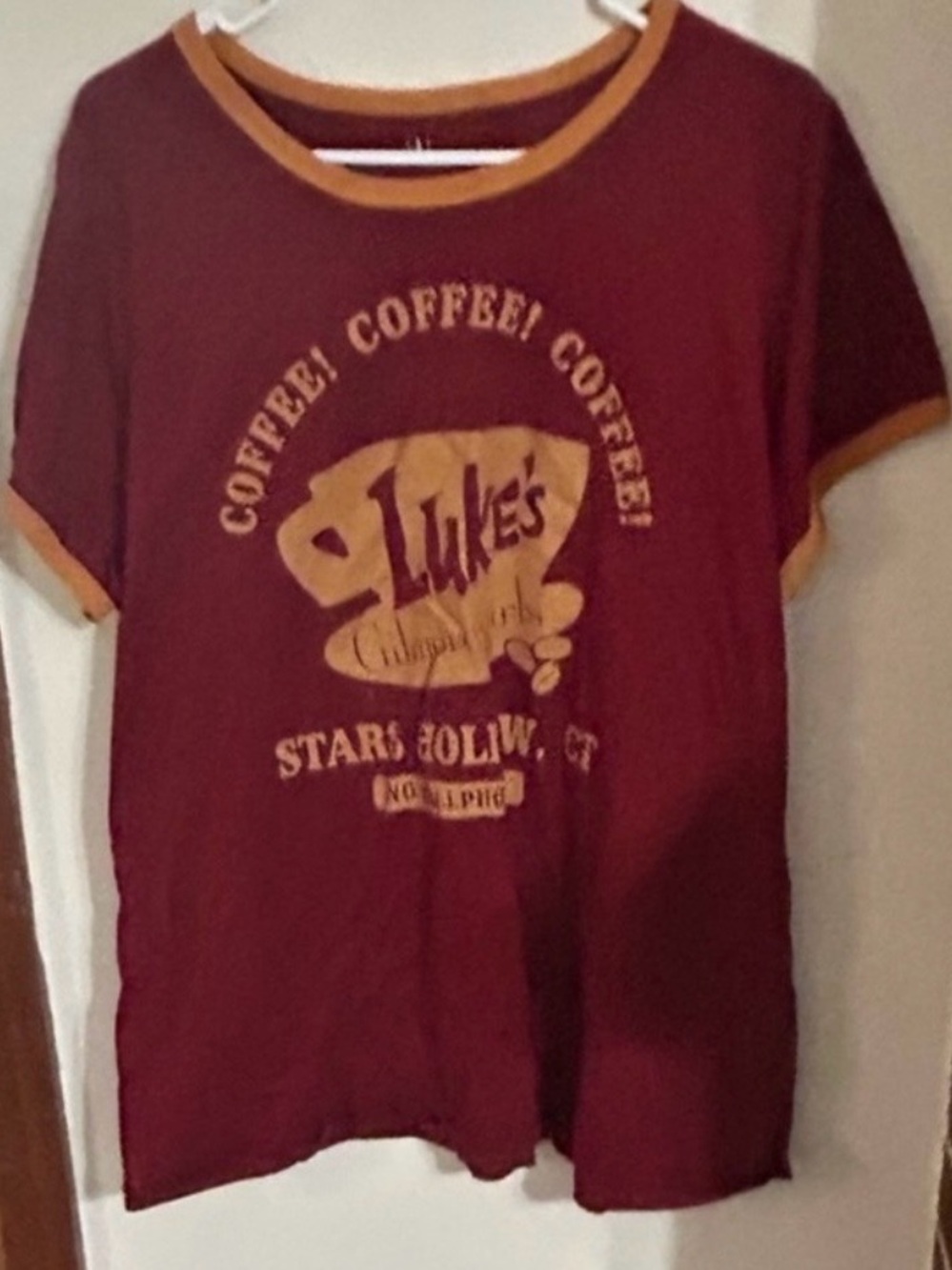 Gilmore Girls Size 3x Luke's Coffee Ringer Tee in Maroon and Mustard